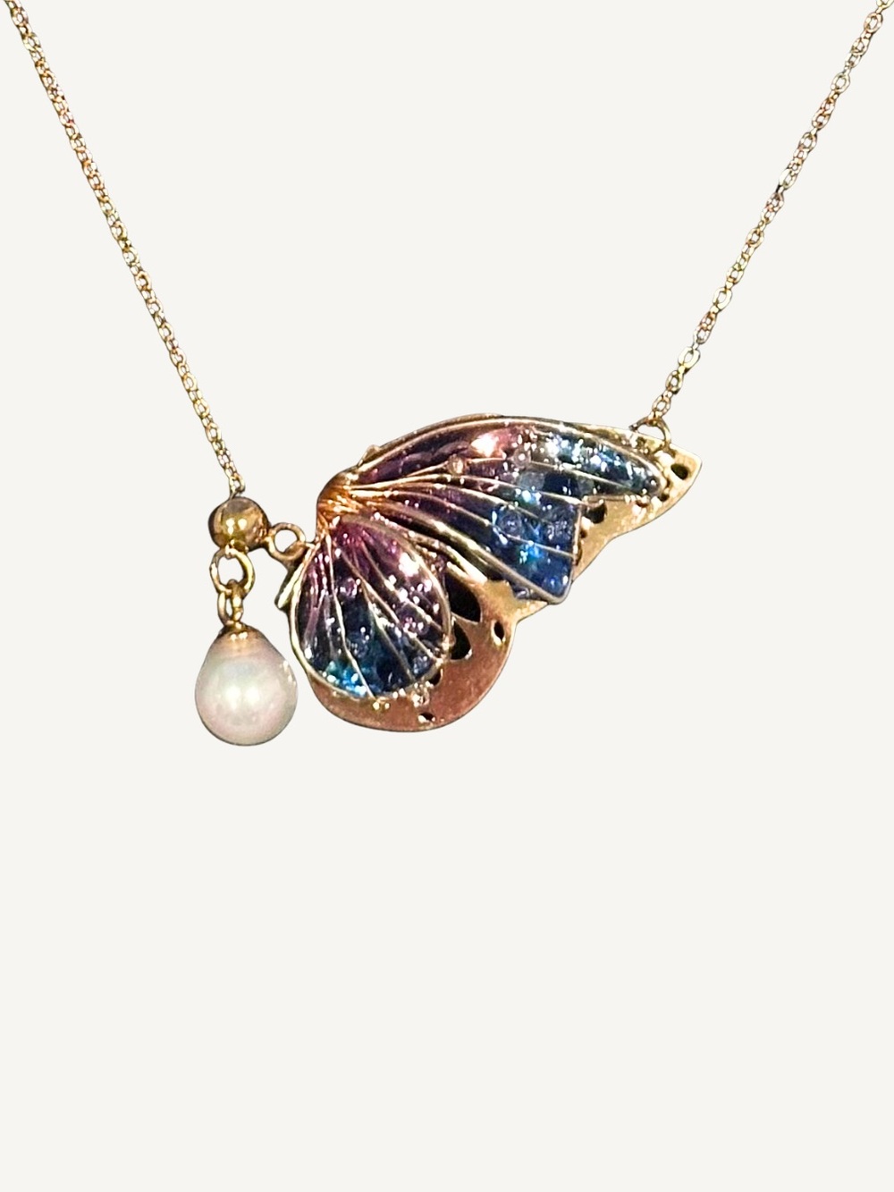 18k Plique-à-Jour Enamel Butterfly Necklace with Drop Pearl